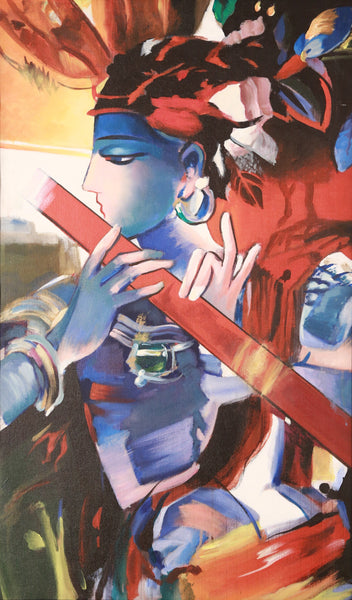 Krishna paintings - Indian Art - Krishna Playing flute 3 - Large Art Prints