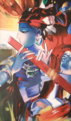 Krishna paintings - Indian Art - Krishna Playing flute 3 - Life Size Posters by Dheeraj
