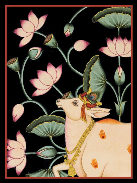 Krishna's Cow Pingala - Contemporary Pichwai Painting - Framed Prints