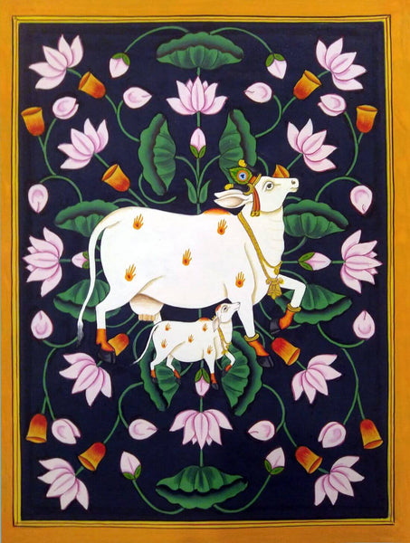 Krishna's Cow With Calf - Contemporary Pichwai Painting - Canvas Prints