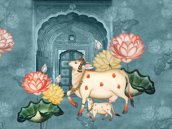 Krishna's Cow With Lotus - Contemporary Pichwai Painting - Posters