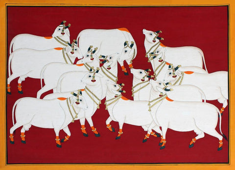Krishnas Cows - Contemporary Pichwai Painting by Pichwai Artworks