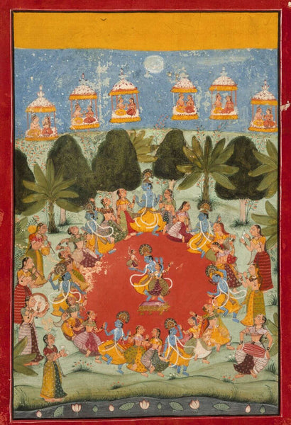 Krishnas Dance Of Delight (Rasa Lila) - Rajasthan Bundi C1675 - Vintage Indian Miniature Art Painting - Canvas Prints