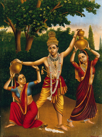 Krishna spilling the milk maids pots - Vintage Indian Art Painting - Art Prints by Jai
