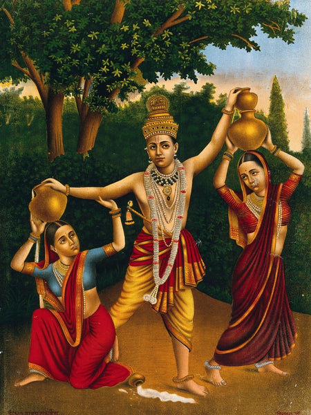 Krishna spilling the milk maids pots - Vintage Indian Art Painting - Life Size Posters