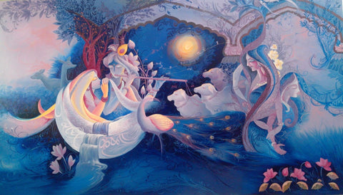 Krishna with Radha Playing Flute - Posters