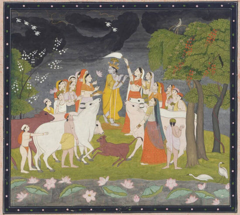 Fluting Cowherd - Pahari, 1790 - Vintage Indian Miniature Art Painting - Canvas Prints