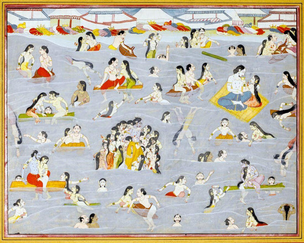 Krishna and the Gopis Bathing in the River Yamuna, Illustration from a Harivamsa series, attributable to Purkhu - Kangra Painting, circa 1800-15 - Posters