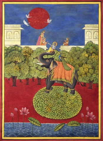 Krishna on Elephant Offering Lotus Flower To Radha - Contemporary Pichwai Painting - Art Prints