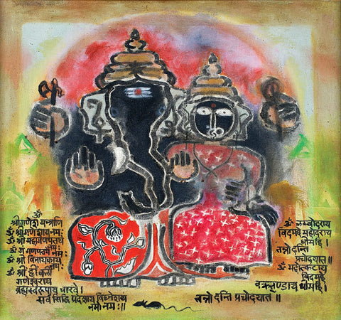 Lord Ganesha With Consort - Contemporary Art Ganesha Painting by Shoba Shetty