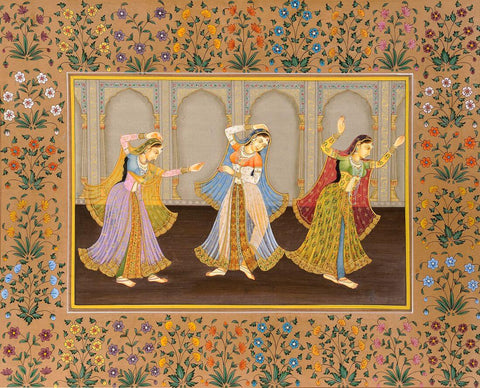 Ladies Engaged In Dance - Vintage Indian Miniature Art Painting by Miniature Vintage