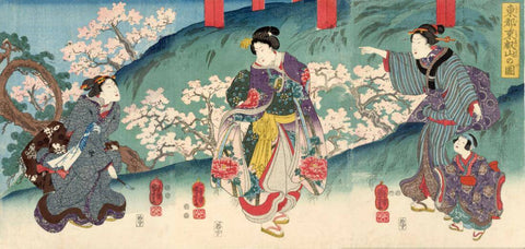 Ladies In Kimonos Watching Cherry Blosom - Kuniyoshi - Japanese Painting - Framed Prints by Utagawa Kuniyoshi