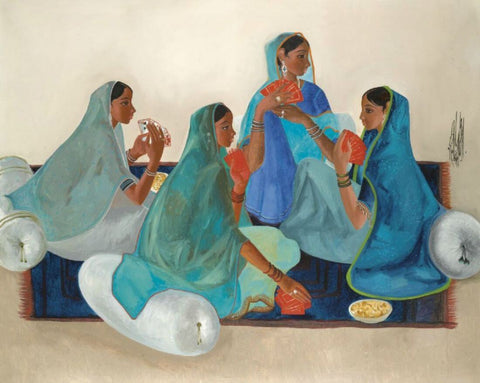 Ladies Playing Cards - B Prabha - Indian Painting - Canvas Prints