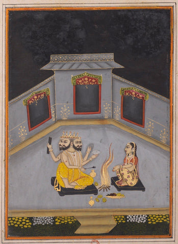 Indian Miniature Paintings - Lady Worshipping God Brahma - Rajput Ragamala Painting - Art Prints