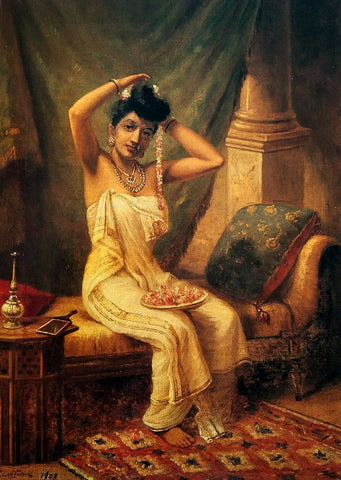 Lady Adorning Her Hair  - Raja Ravi Varma - Famous Indian Painting by Raja Ravi Varma