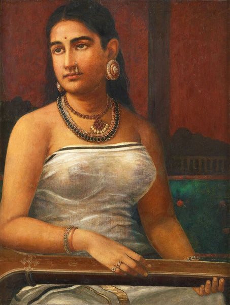 Lady Holding Veena - Raja Ravi Varma - Famous Indian Painting - Canvas Prints