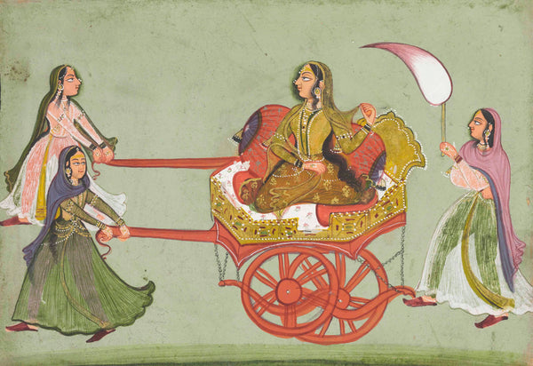 Lady In A Chariot - Bundi School - C.1780 - Vintage Indian Miniature Art Painting - Large Art Prints