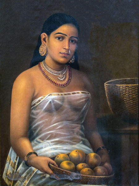 Lady With Fruits - Raja Ravi Varma Painting - Vintage Indian Art - Framed Prints