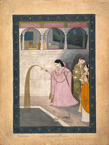 Lady Holding A Sparkler - Kangra School c1800 - Vintage Indian Art Miniature Painting - Framed Prints