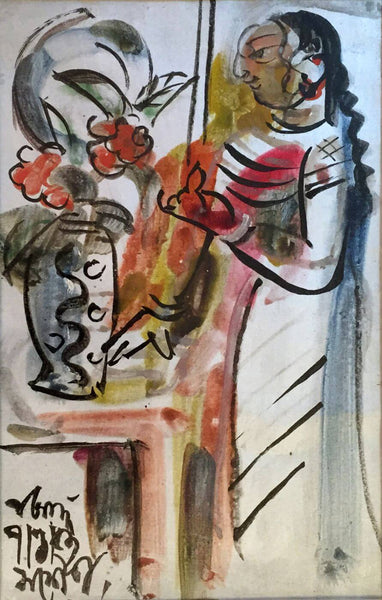 Lady With Flowers - Benode Behari Mukherjee - Bengal School Indian Painting - Posters