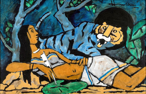 Lady With Tiger - M F Husain - Framed Prints