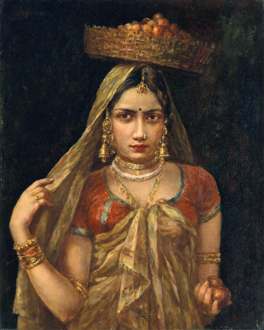 Lady with Fruit Basket Hemendranath Mazumdar - Indian Masters Painting by Hemen Mazumdar