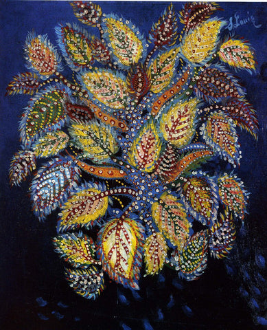 Leaves On A Blue Background (Feuilles Diaprees sur Fond Bleu) - Séraphine Louis - Floral Art Painting - Framed Prints by Seraphine Louis