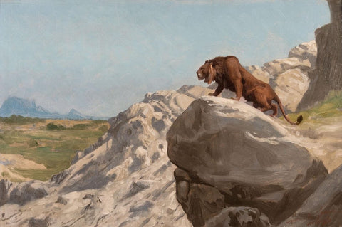 Lion On The Watch (Lion aux Aguets) - Jean-Leon Gerome - Orientalism Art Painting by Jean Leon Gerome