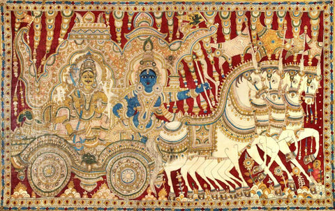 Lord Krishna And Arjuna During Mahabharata War (Gita Updesha) - Kalamkari Painting - Indian Folk Art - Life Size Posters by Tallenge