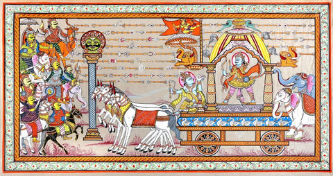 Lord Krishna Gita Upadesh to Arjuna In The Battlefield At Kurukshetra In Mahabharat - Patachitra Painting - Indian Folk Art - Art Prints