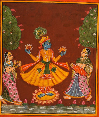 Lord Krishna On A Lotus With Wives Rukmini And Satyabhama - Vintage 18th Century Rajasthani Painting - Vintage Indian Miniature Art Painting - Posters by Miniature Art