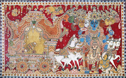 Lord Krishna Shows Vishvarupa to Arjuna During Mahabharata War (Gita Updesha) - Kalamkari Painting - Indian Folk Art - Framed Prints