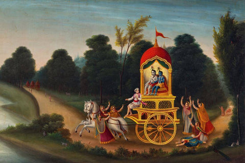 Lord Krishna With Arjun - 19tth Century Bengal Dutch School - Vintage Indian Painting - Large Art Prints by Tallenge