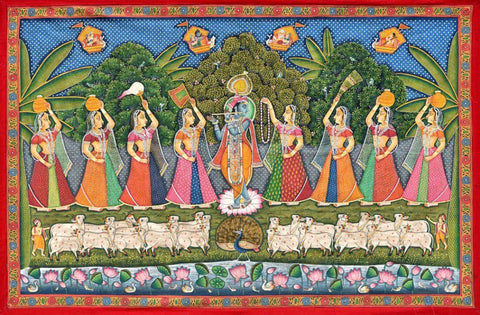 Lord Krishna With Gopis - Pichwai Art Painting - Large Art Prints by Tallenge