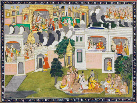 Lord Ram And Lakshman Seated With Ascetics -  Indian Miniature Painting From Ramayana - Guler School c1790 - Vintage Indian Art - Art Prints