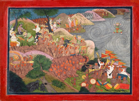 Lord Ram Receives Vibhishan From Lanka - Indian Vintage Miniature Ramayan Painting - Life Size Posters