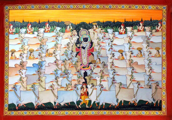 Lord Shrinathji With Cows -  Krishna Pichwai Painting - Posters