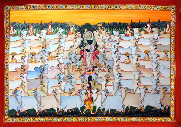 Lord Shrinathji With Cows -  Krishna Pichwai Painting - Framed Prints