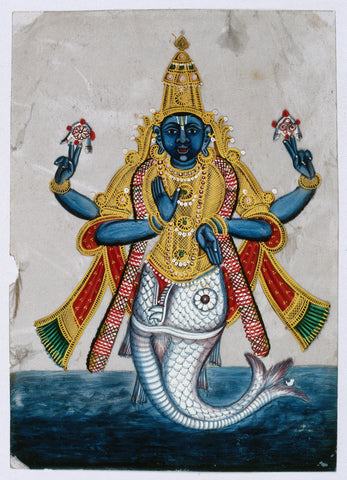 Lord Vishnu In His Incarnation As Matsya (Fish) - 19Th Century - Vintage Indian Miniature Art Painting by Miniature Vintage