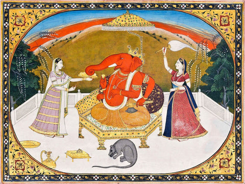 Lord Ganesha With Devotees - 19th Century - Indian Vintage Miniature Rajasthan Painting - Large Art Prints by Raghuraman