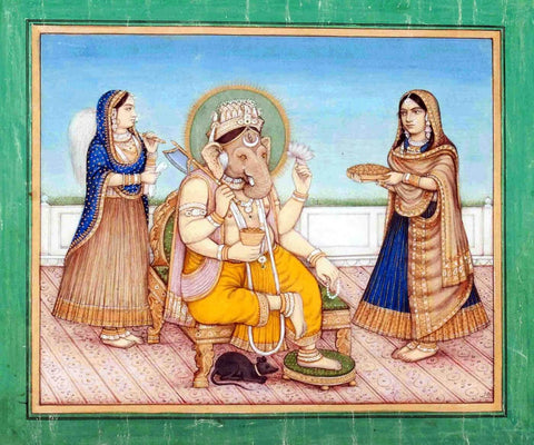 Lord Ganesha With Devotees - Delhi School - 19 Century Indian Vintage Miniature Painting - Life Size Posters