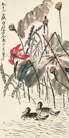 Lotus And Mandarin Ducks - Qi Baishi - Modern Gongbi Chinese Painting - Canvas Prints