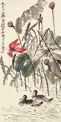 Lotus And Mandarin Ducks - Qi Baishi - Modern Gongbi Chinese Painting - Framed Prints