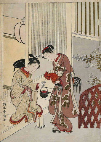 Lovers Plying a Rooster with Sake - Suzuki Harunobu - Japanese Ukiyo Woodblock Painting by Suzuki Harunobu