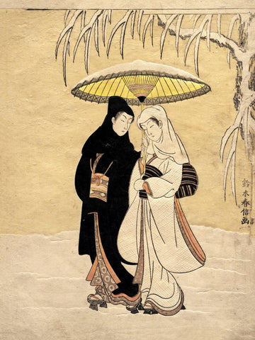 Lovers Walking in the Snow (Crow and Heron) - Suzuki Harunobu - Japanese Nishiki-e Woodblock Masterpiece Painting by Suzuki Harunobu