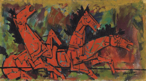 Three Red Horses by M F Husain