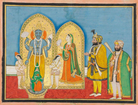 Maharaja Gulab Singh Of Jammu With A Sardar Before A Vishnu Shrine - C.1792–1857 -  Vintage Indian Miniature Art Painting - Art Prints