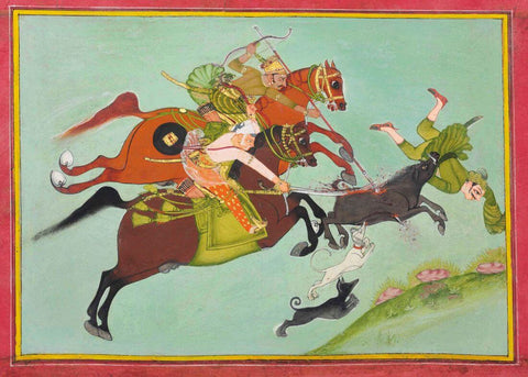 Maharaja Pratap Singh Ii Of Mewar Hunting Boar - Ca. 1750-1775- Vintage Indian Miniature Art Painting - Framed Prints