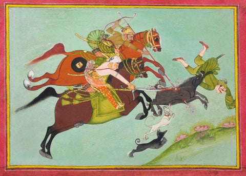 Maharaja Pratap Singh Ii Of Mewar Hunting Boar - Ca. 1750-1775- Vintage Indian Miniature Art Painting by Miniature Vintage