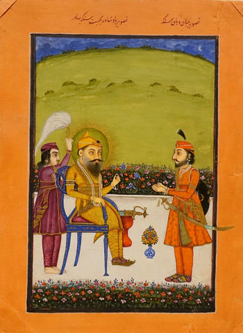 Maharaja Ranjit Singh Seated On A Terrace - Sikh School - Vintage 1800s Indian Miniature Art Painting - Large Art Prints by Akal